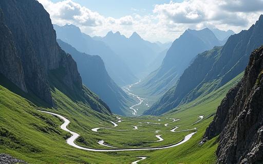 Serpentinenstraße auf einem Schweizer Bergpass mit grünen Hängen und felsigen Gipfeln.
